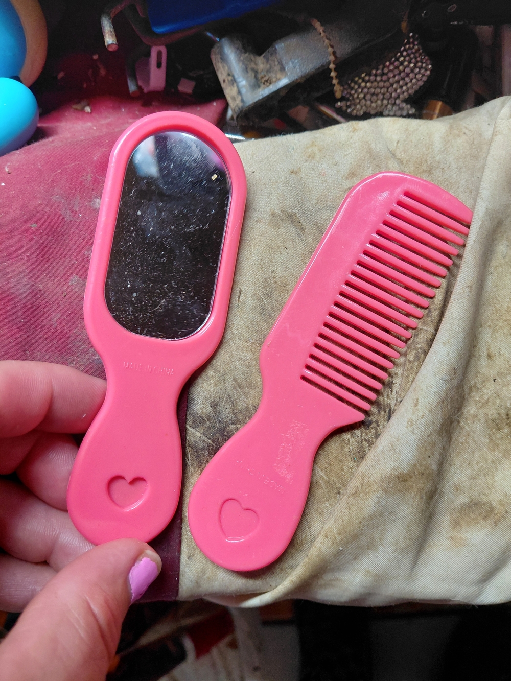 small pink plastic hand mirror and matching comb set kids pretend play toys